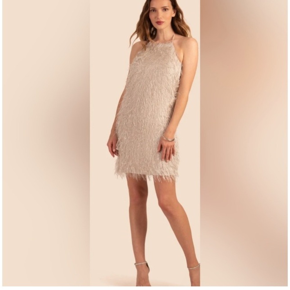 Trina Turk Serah Dress Champagne Gold Metallic Fringe Halter Mini Dress 14 NEW